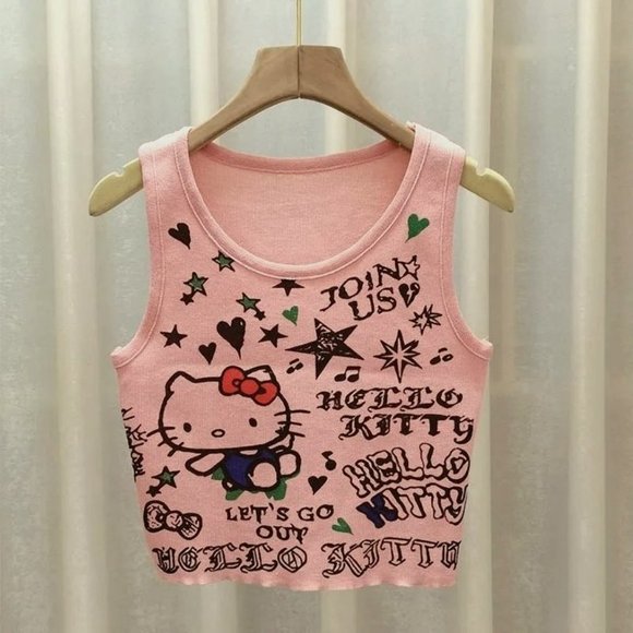SANRIO HELLO KITTY TANK TOP CROPPED "LET'S GO OUT" PINK GANG LETTERS S/M - Picture 1 of 1